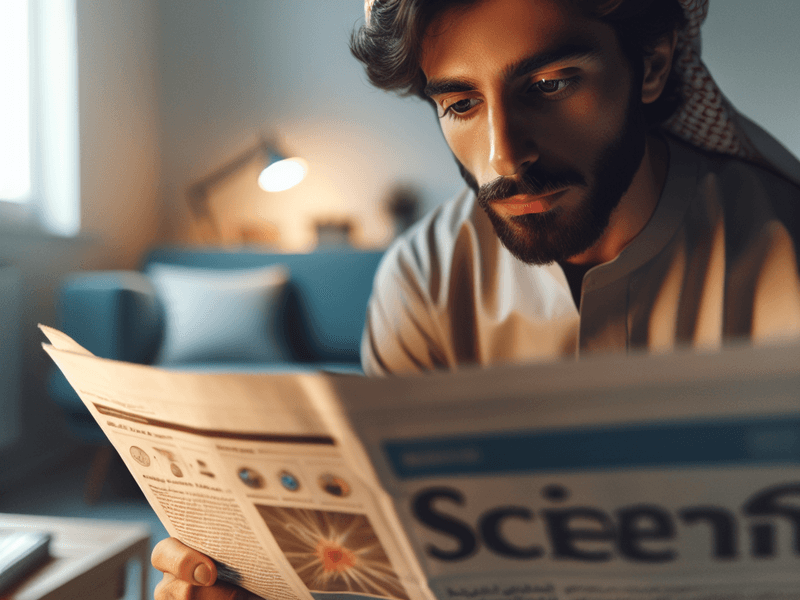 Pessoa lendo jornal com manchetes científicas