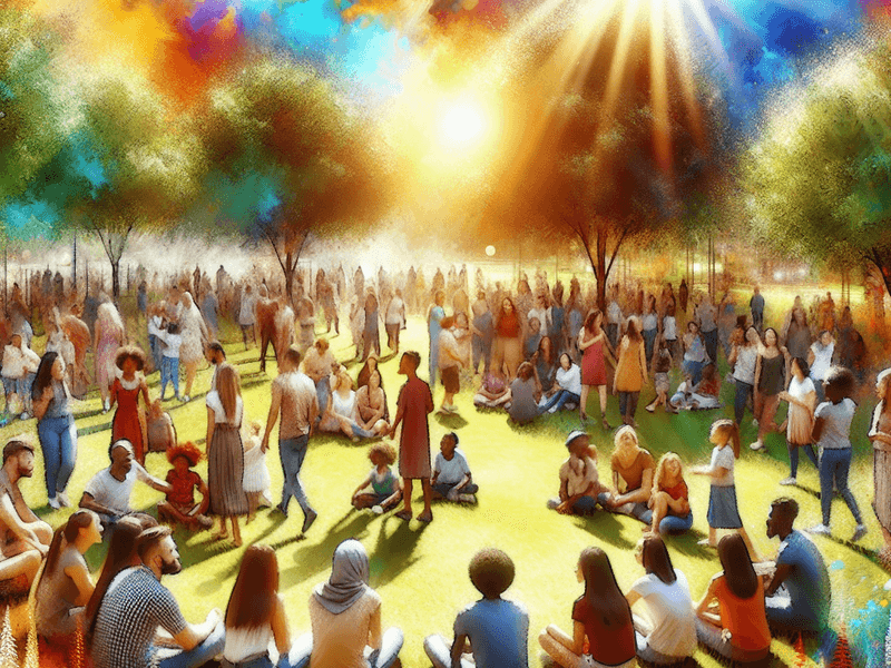 Uma comunidade diversa celebrando juntos em um parque ensolarado; luz natural suave realça a alegria e a conexão entre as pessoas; estilo artístico realista com cores vivas e harmoniosas; capturada com uma lente de ângulo amplo, mostrando a riqueza das interações humanas.
