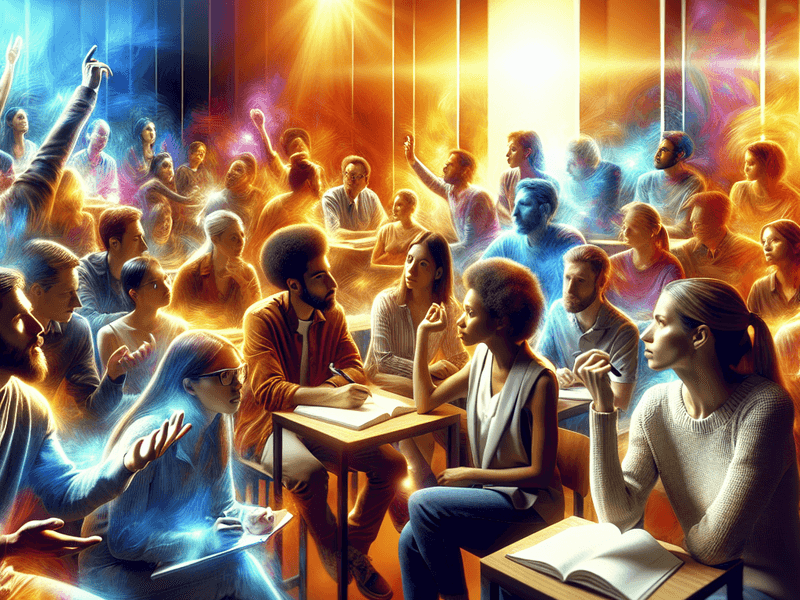 Grupo diverso discutindo em sala de aula moderna