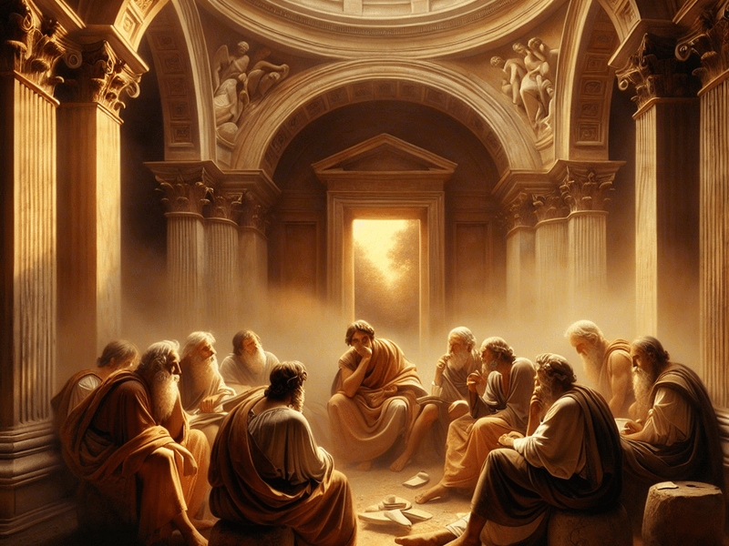 Filósofos antigos debatendo sob um arco de mármore