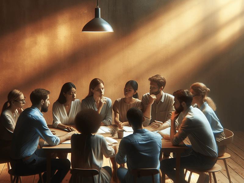 Grupo discutindo filosofia analítica no cotidiano