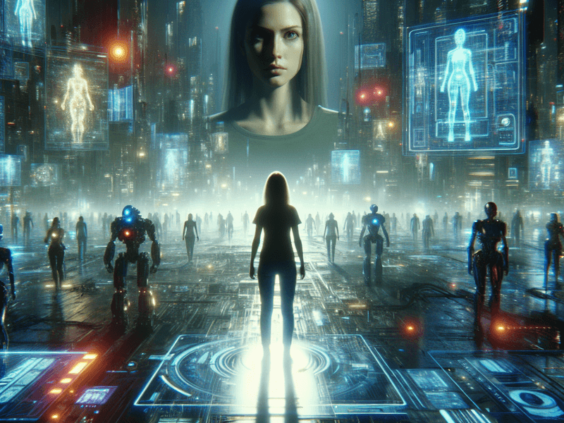 Figura solitária em uma cidade futurista