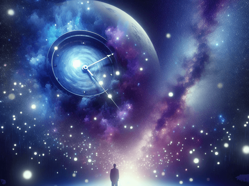 Uma pessoa observando um relógio flutuante em meio a galáxias