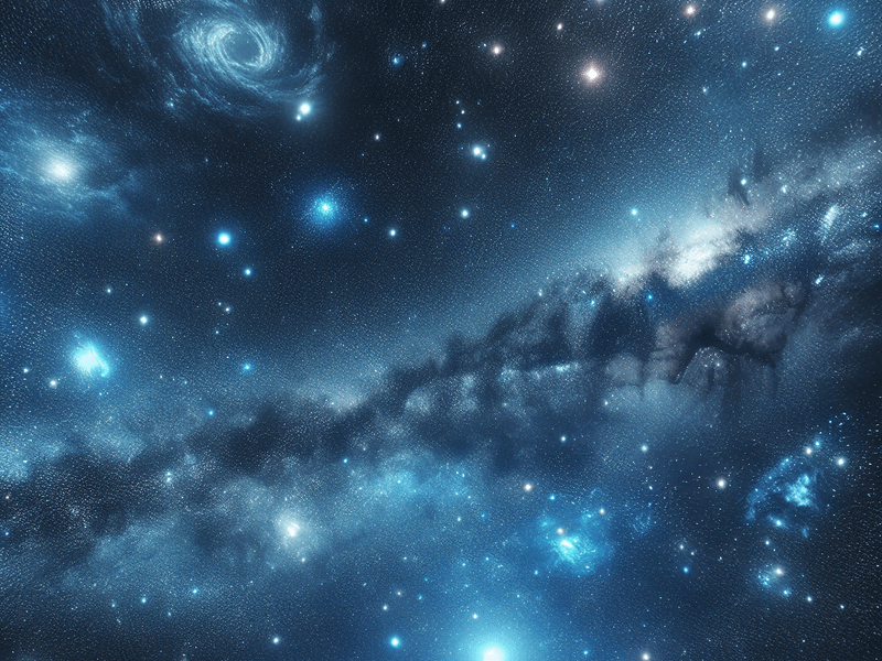 Uma pessoa contemplando o céu estrelado, refletindo sobre sua existência; céu noturno repleto de estrelas e galáxias, iluminado por uma lua prateada; estilo realista com tons azulados e prateados; capturado com uma lente de grande angular para destacar a imensidão do universo