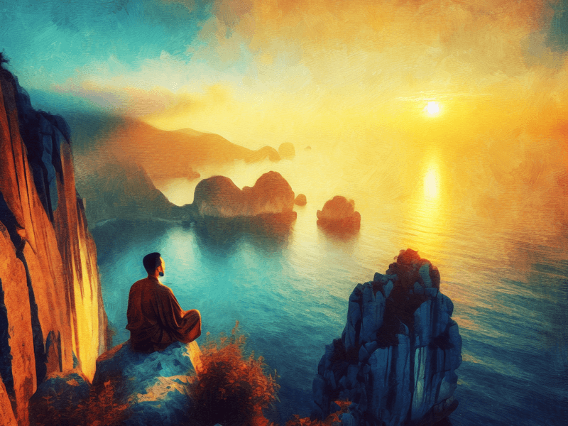 Figure contemplating the ocean at sunset