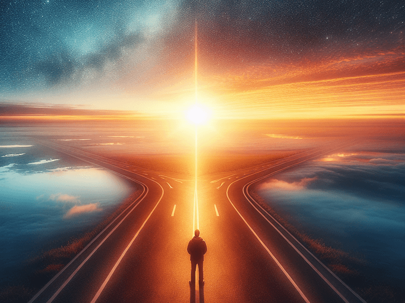 Figura solitária em uma encruzilhada ao pôr do sol