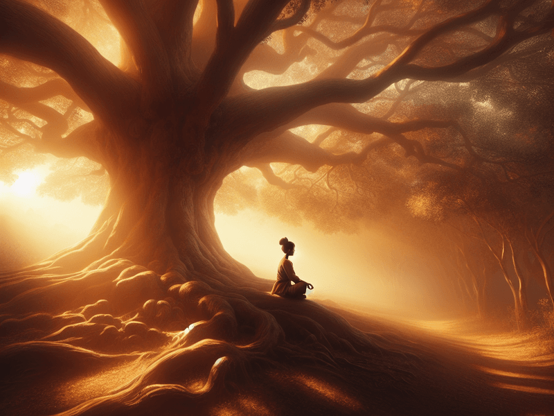 Pessoa refletindo sob uma árvore