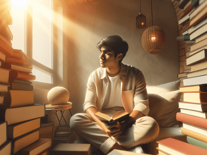 Jovem lendo livros de filosofia