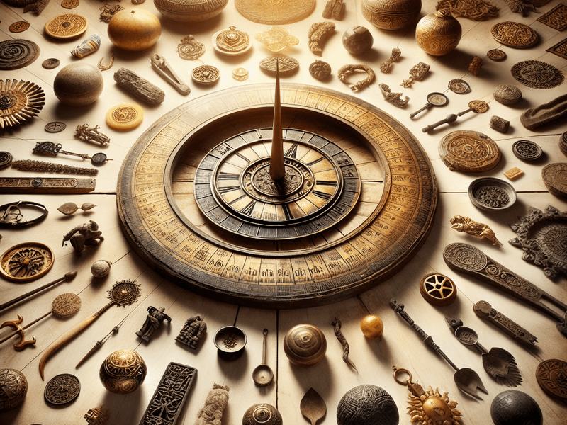 Sundial surrounded by cultural artifacts