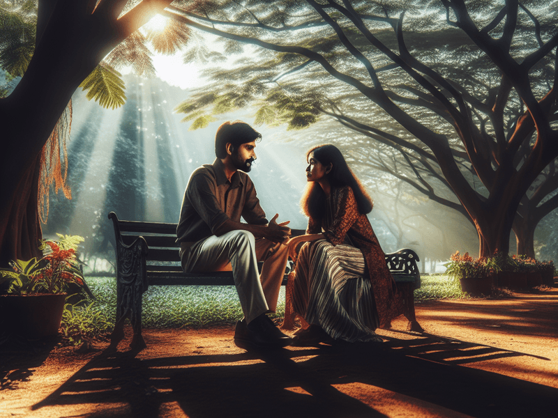 Casal conversando em um banco de praça