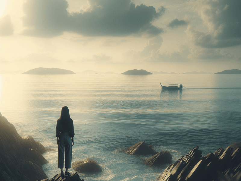 Pessoa contemplando o mar e um barco ao longe