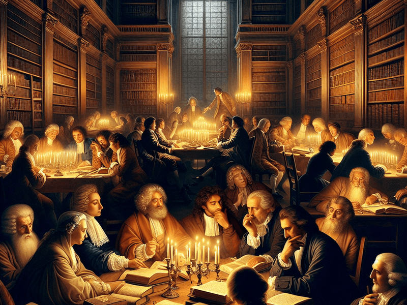 Filósofos iluministas debatendo em uma biblioteca